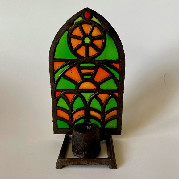 Vintage Cast Iron Stained Glass Mosaic Gothic Window Shaped Taper Candleholder - Picture 1 of 8